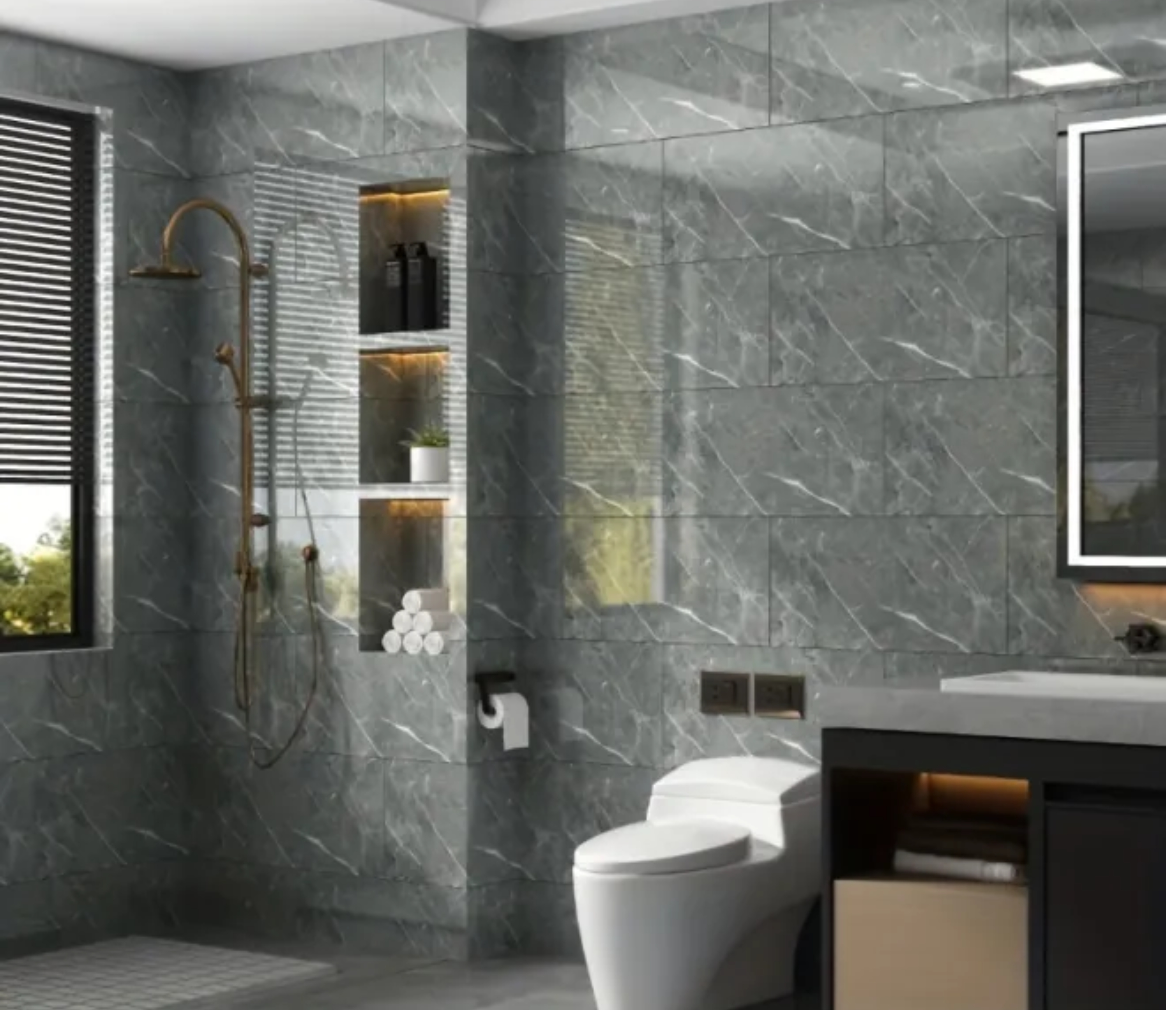 ১০ পিসের সেট ( ১০ স্কয়ার ফুট - অ্যাশ কালার ) Self-Adhesive Marble Tiles Sticker